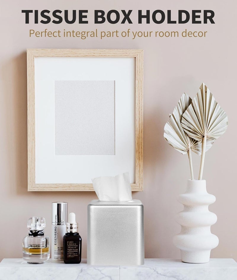 Livelab Tissue Box Cover, Square Metal Tissue Box Holder Modern Decor Facial Napkin Holder Tissue Box Dispenser for Bathroom Vanity Countertop, Living Room, Bedroom, Office - Silver - Image 2